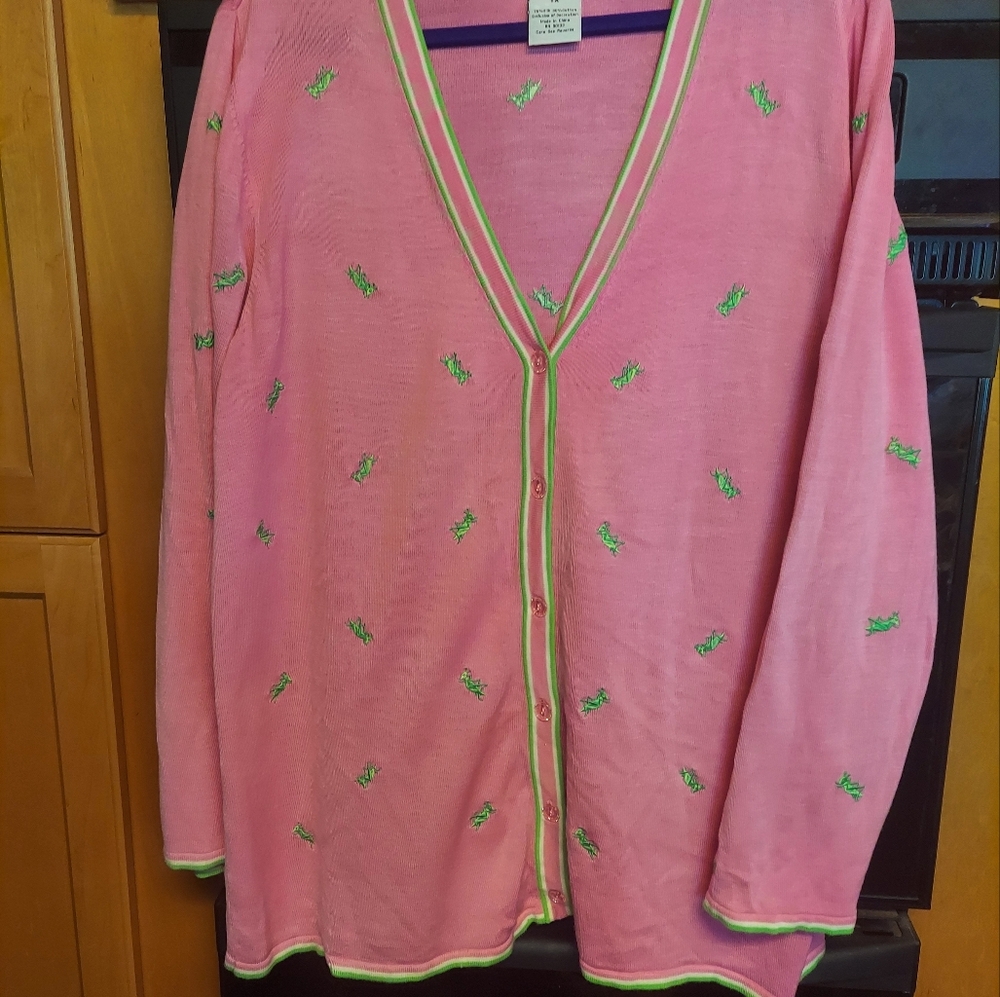 Quacker Factory silk embroidered grasshopper in green and preppy pink htf 1x